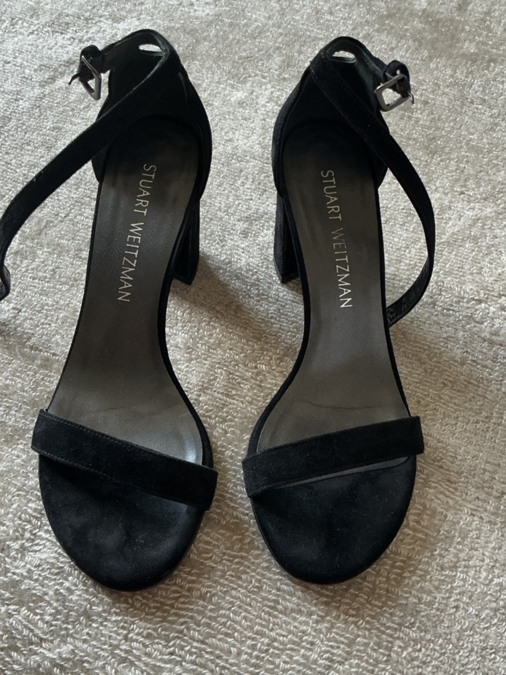 STUART WEITZMAN Nearly Nude Black Suede Block Heels Ankle Straps Size 6